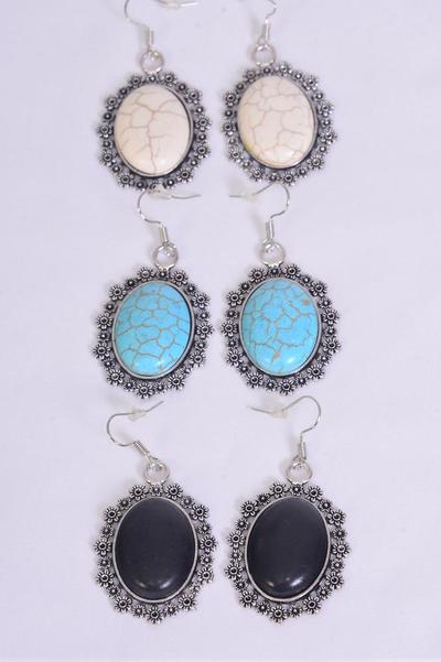 Earrings Metal Antique Oval Semiprecious Stone / 12 pair = Dozen Fish Hook , Size - 1.25" x 1" Wide , 4 Black , 4 Ivory , 4 Turquoise Asst , Earring Card & OPP Bag & UPC Code 