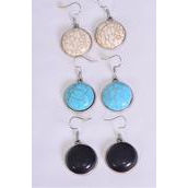 Earrings Metal Antique Round Semiprecious Stone/DZ **Fish Hook** Size-1" Wide,4 Black,4 Ivory,4 Turquoise Asst,Earring Card & OPP Bag & UPC Code -