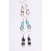 Earrings Metal Antique Semiprecious Stone/DZ **Fish Hook** Size-1.5&quot;x 0.5&quot; Wide,4 Black,4 Ivory,4 Turquoise Asst,Earring Card &amp; OPP Bag &amp; UPC Code -