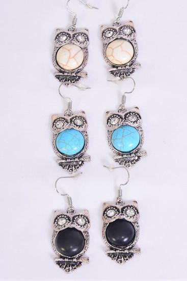 Earrings Metal Antique Owl Semiprecious Stone / 12 pair = Dozen  match 70302 Fish Hook , Size -1.25" x 0.75" Wide , 4 Black , 4 Ivory , 4 Turquoise Asst , Earring Card & OPP Bag & UPC Code -