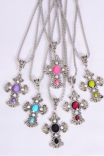 Necklace Silver Chain Cross Marble Look Multi / 12 pair = Dozen  match 25005 00033 Pendant - 1.75" x 1.25" Wide , 18" Extension Chain , 2 Of Each Color Asst , Hang Tag & OPP Bag & UPC Code