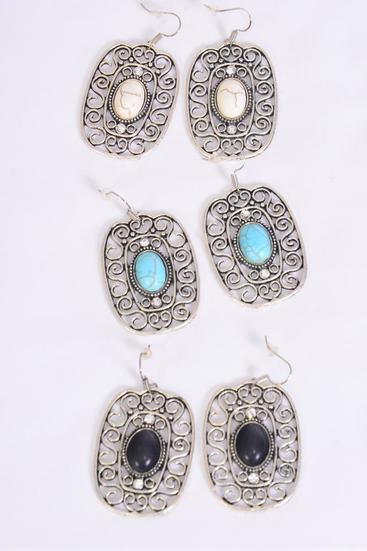Earrings Metal Antique Western Like Semiprecious Stone / 12 pair = Dozen Fish Hook , Size - 1.75" x 1.25" Wide , 4 Black , 4 Ivory , 4 Turquoise Color Asst , Earring Card & OPP Bag & UPC Code