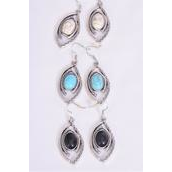 Earrings Metal Antique Aztec westren Look  Semiprecious Stone/DZ **Fish Hook** Size-1.5&quot;x 1&quot; Wide,4 Black,4 Ivory,4 Turquoise Asst,Earring Card &amp; OPP Bag &amp; UPC Code