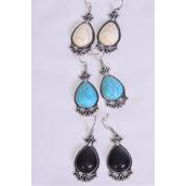 Earrings Metal Antique Teardrop Dangle Semiprecious Stone/DZ match 70078 **Fish Hook** Size-1.5&quot;x 0.75&quot; Wide,4 Black,4 Ivory,4 Turquoise Asst,Earring Card &amp; OPP Bag &amp; UPC Code -