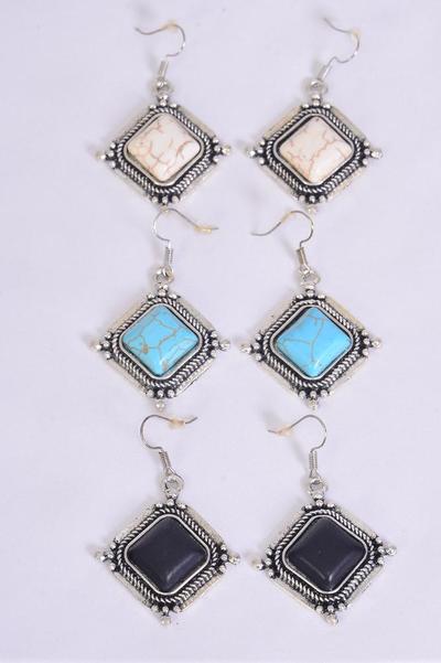 Earrings Metal Antique Square Semiprecious Stone / 12 pair = Dozen  Fish Hook , Size-1"x 1" Wide , 4 Black , 4 Ivory , 4 Turquoise Asst , Earring Card & OPP Bag & UPC Code