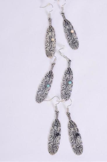 Earrings Metal Antique Feather Semiprecious Stone/DZ **Fish Hook** Size-1.75"x  0.5" Wide,4 Black,4 Ivory,4 Turquoise Asst,Earring Card & OPP Bag & UPC Code -