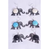 Earrings Metal Antique Large Elephant Semiprecious Stone/DZ  match 27021 **Fish Hook** Size-2 x 1.25&quot; Wide,4 Black,4 Ivory,4 Turquoise Asst,Earring Card &amp; OPP Bag &amp; UPC Code -
