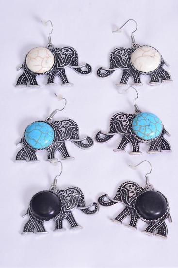 Earrings Metal Antique Large Elephant Semiprecious Stone/DZ  match 27021 **Fish Hook** Size-2 x 1.25" Wide,4 Black,4 Ivory,4 Turquoise Asst,Earring Card & OPP Bag & UPC Code -