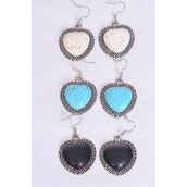 Earrings Metal Antique Heart Semiprecious Stone/DZ match 70003 **Fish Hook** Size-1.25&quot;x 1&quot; Wide,4 Black,4 Ivory,4 Turquoise Asst,Earring Card &amp; OPP Bag &amp; UPC Code