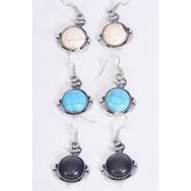 Earrings Metal Antique Anchor Real Semiprecious Stone/DZ **Fish Hook** Size-1&quot;x 1&quot; Wide,4 Black,4 Ivory,4 Turquoise Asst,Earring Card &amp; OPP Bag &amp; UPC Code -
