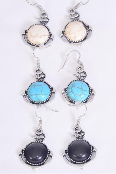 Earrings Metal Antique Nautical Anchor Real Semiprecious Stone / 12 pair = Dozen Fish Hook , Size -1" x 1" Wide , 4 Black , 4 Ivory , 4 Turquoise Asst , Earring Card & OPP Bag & UPC Code 