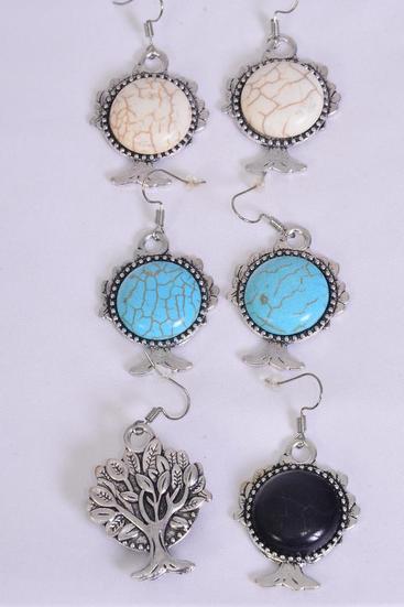 Earrings Metal Antique Tree Of Life Semiprecious Stone / 12 pair = Dozen Fish Hook , Size - 1.25" x 1" Wide , 4 Black , 4 Ivory , 4 Turquoise Asst , Earring Card & OPP Bag & UPC Code 