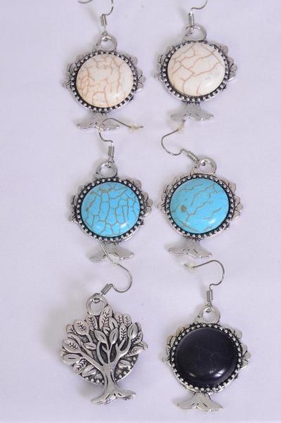 Earrings Metal Antique Tree Of Life Semiprecious Stone / 12 pair = Dozen Fish Hook , Size - 1.25" x 1" Wide , 4 Black , 4 Ivory , 4 Turquoise Color Asst , Earring Card & OPP Bag & UPC Code 