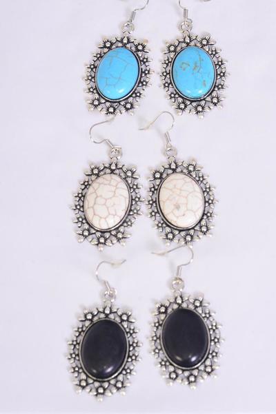 Earrings Metal Antique Oval Semiprecious Stone / 12 pair = Dozen Fish Hook , Size - 1.75" x 1.25" Wide , 4 Black , 4 Ivory , 4 Turquoise Color Asst , Earring Card & OPP Bag & UPC Code -