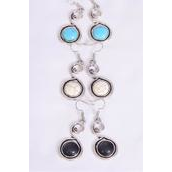 Earrings Metal Antique Swirl Semiprecious Stone/DZ match 76015 **Fish Hook** Size-1.5"x 1" Wide,4 Black,4 Ivory,4 Turquoise Asst,Earring Card & OPP Bag & UPC Code -