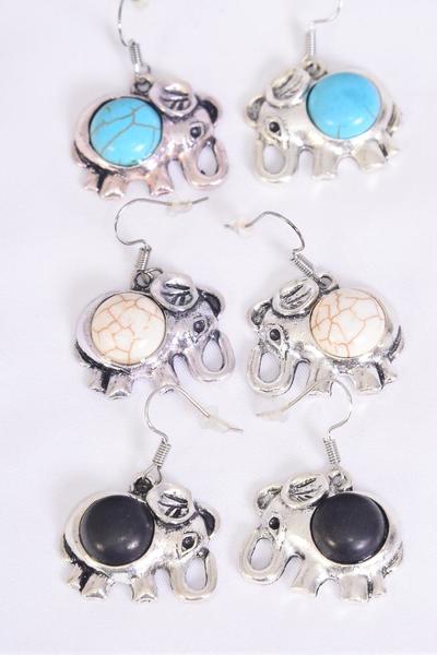 Earrings Metal Antique Elephant Semiprecious Stone / 12 pair = Dozen match 75029 Fish Hook , Size-1"x 1" Wide , 4 Black , 4 Ivory , 4 Turquoise Asst , Earring Card & OPP Bag & UPC Code