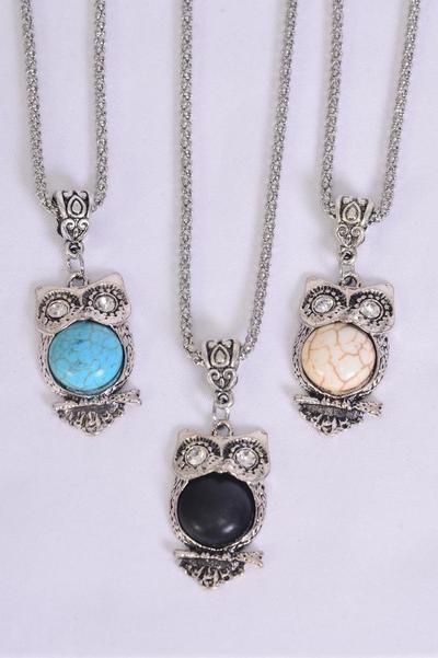 Necklace Silver Chain Owl Semiprecious Stone / 12 pcs = Dozen match 02660 Pendant -1.5" x 1" Wide , Chain - 18" Extension Chain , 4 Ivory , 4 Black , 4 Turquoise Asst , Hang Tag & OPP Bag & UPC Code