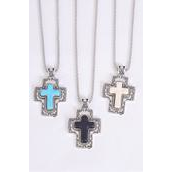 Necklace Silver Chain Cross Semiprecious Stone/DZ match 03212 Pendant-1.75&quot;x 1.25&quot; Wide,Chain-18&quot; Extension Chain,4 Ivory,4 Black,4 Turquoise Asst,Hang Tag &amp; OPP Bag &amp; UPC Code