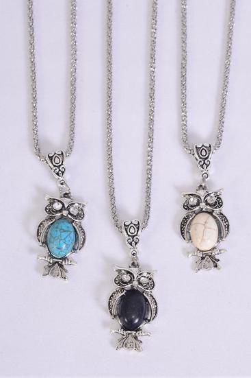 Necklace Silver Chain Owl Semiprecious Stone / 12 pcs = Dozen  match 02661 Pendant - 1.5" x 0.75" Wide , Chain-18" Extension Chain , 4 Ivory , 4 Black , 4 Turquoise Asst , Hang Tag & OPP Bag & UPC Code