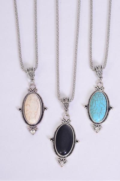Necklace Silver Chain Oval Semiprecious / 12 pcs = Dozen match 02675 Pendant - 1.5" x 1" Wide , Chain - 18" Extension Chain , 4 Ivory , 4 Black , 4 Turquoise Color Asst , Hang Tag & OPP Bag & UPC Code