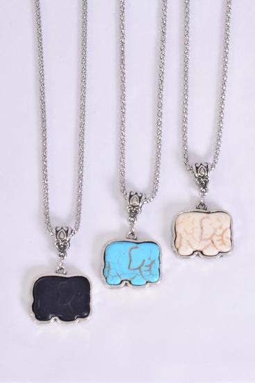 Necklace Silver Chain Elephant Real Semiprecious Stone / 12 pcs = Dozen Pendant - 1.25" x 1." Wide , Chain-18" Extension Chain , 4 Ivory , Black , 4 Turquoise Asst , Hang Tag & OPP Bag & UPC Code