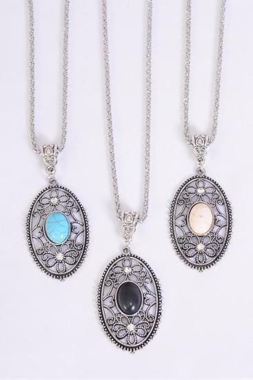 Necklace Silver Chain Oval Filigree Pendant Semiprecious Stone / 12 pcs = Dozen match 02665 Pendant - 1.5" x 1" Wide , Chain-18" Extension Chain , 4 Ivory , 4 Black , 4 Turquoise Asst , Hang Tag & OPP Bag & UPC Code