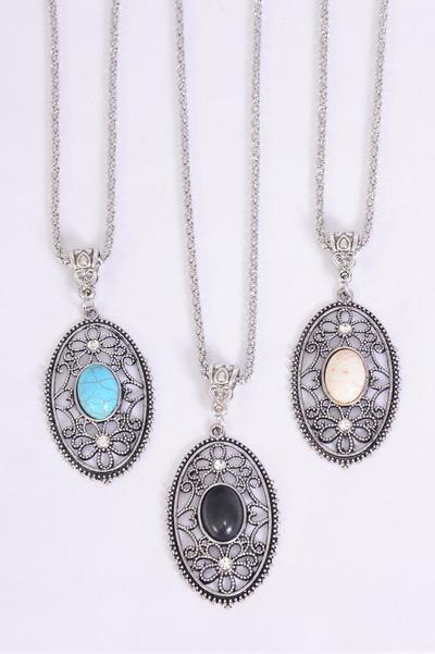 Necklace Silver Chain Oval Filigree Pendant Semiprecious Stone / 12 pcs = Dozen match 02665 Pendant - 1.5" x 1" Wide , Chain-18" Extension Chain , 4 Ivory , 4 Black , 4 Turquoise Asst , Hang Tag & OPP Bag & UPC Code