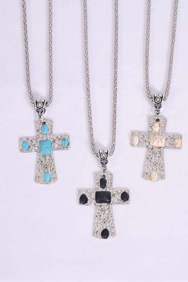 Necklace Silver Chain Cross Semiprecious Stone / 12 pcs = Dozen match 03105 Pendant - 1.5" x 1.25" Wide , Chain-18" Extension Chain , 4 Ivory , 4 Black , 4 Turquoise Asst , Hang Tag & OPP Bag & UPC Code