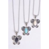 Necklace Silver Chain Butterfly Semiprecious/DZ Pendant-1.5&quot; x 1.25&quot; Wide,Chain-18&quot; Extension Chain,4 Ivory,4 Black,4 Turquoise Asst,Hang Tag &amp; OPP Bag &amp; UPC Code
