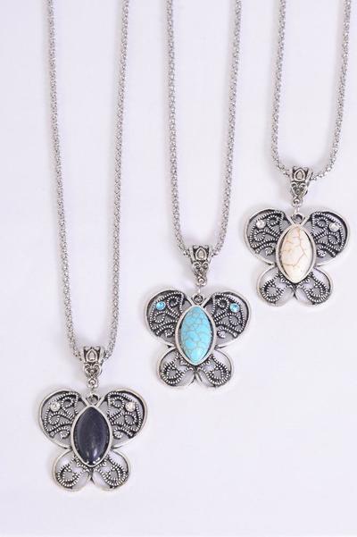 Necklace Silver Chain Butterfly Semiprecious/DZ Pendant-1.5" x 1.25" Wide,Chain-18" Extension Chain,4 Ivory,4 Black,4 Turquoise Asst,Hang Tag & OPP Bag & UPC Code