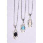 Necklace Silver Chain Oval Metal Antique Oval Semiprecious Stone/DZ match 03095 Pendant-2&quot; x 1&quot; Wide,Chain-18&quot; Extension Chain,4 Ivory,4 Black,4 Turquoise Asst,Hang Tag &amp; OPP Bag &amp; UPC Code