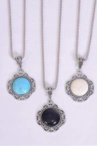 Necklace Silver Chain Metal Antique Round Semiprecious Stone / 12 pcs = Dozen Pendant - 1.5" Wide , Chain-18" Extension Chain , 4 Ivory , 4 Black , 4 Turquoise Asst , Hang Tag & OPP Bag & UPC Code