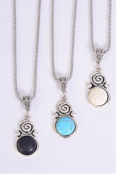 Necklace Silver Chain Metal Antique Spiral Semiprecious Stone / 12 pcs = Dozen Pendant - 1.25" x 0.85" Wide , Chain-18" Extension Chain , 4 Ivory , 4 Black , 4 Turquoise Color Asst , Hang Tag & OPP Bag & UPC Code