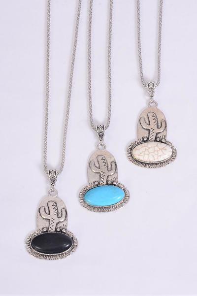 Necklace Silver Chain Metal Antique Cactus Semiprecious Stone / 12 pcs = Dozen Match 03136 Pendant -1.5" x 1.25" Wide , Chain -18" Extension Chain , 4 Ivory , 4 Black , 4 Turquoise Asst , Hang Tag & OPP Bag & UPC Code