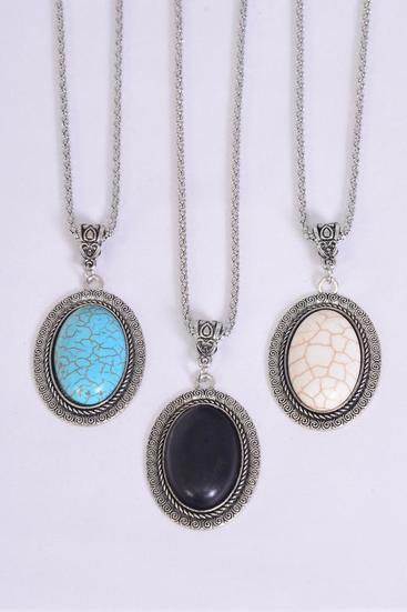 Necklace Silver Chain Metal Antique Oval Semiprecious Stone/DZ match 26098 Pendant-1.75" x 1.25" Wide,Chain-18" Extension Chain,4 Ivory,4 Black,4 Turquoise Asst,Hang Tag & OPP Bag & UPC Code
