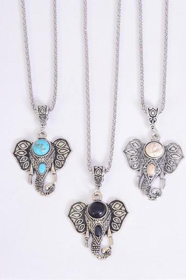 Necklace Silver Chain Metal Antique Metal Elephant Head Pendant Semiprecious Stone/DZ match 03097 Pendant-1.75x 1.5" Wide,Chain-18" Extension Chain,4 Ivory,4 Black,4 Turquoise Asst,Hang Tag & OPP Bag & UPC Code