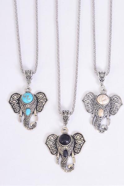 Necklace Silver Chain Metal Antique Metal Elephant Head Pendant Semiprecious Stone / Dozen match 25651 03097 Pendant-1.75x 1.5" Wide , Chain-18" Extension Chain , 4 Ivory , 4 Black , 4 Turquoise Asst , Hang Tag & OPP Bag & UPC Code