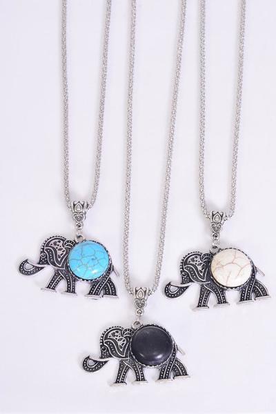 Necklace Silver Chain Elephant Semiprecious / 12 pcs = Dozen match 02971 Pendant - 1" x 1.75" Wide , Chain - 18" Extension Chain , 4 Ivory , 4 Black , 4 Turquoise Asst , Hang Tag & OPP Bag & UPC Code
