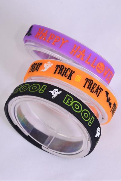 Silicone Bracelet Happy Halloween Glow in the Dark / 12 pcs = Dozen Slip On , Debossed Color Filled , 4 Of Each Pattern Asst , OPP bag