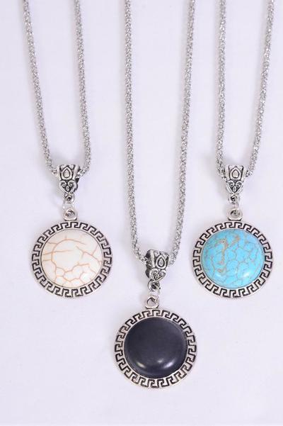 Necklace Silver Chain Metal Antique Round Dangle Semiprecious Stone / 12 pcs = Dozen  Pendant -1" Wide , Chain-18" Extension Chain , 4 Ivory , 4 Black , 4 Turquoise Asst , Hang Tag & OPP Bag & UPC Code