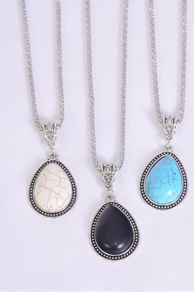 Necklace Silver Chain Metal Antique Teardropl Semiprecious Stone / 12 pcs = Dozen  Pendant -1 .75" x 1.25" Wide , Chain-18" Extension Chain , 4 Ivory , 4 Black , 4 Turquoise Asst , Hang Tag & OPP Bag & UPC Code