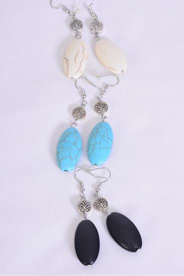 Earrings Tree of life Oval Semiprecious Stone / 12 pair = Dozen Fish Hook , Size - 1.75" x 0.75" Wide , 4 Black , 4 Ivory , 4 Turquoise Color Asst , Earring Card & OPP Bag & UPC Code 