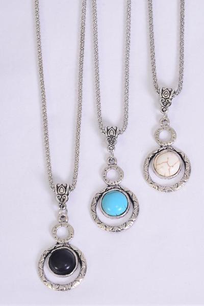 Necklace Silver Chain Metal Antique Round Dangle Semiprecious Stone / 12 pcs = Dozen  match 02972 Pendant - 1.5" x 1" Wide , Chain-18" Extension Chain , 4 Ivory , 4 Black , 4 Turquoise Asst , Hang Tag & OPP Bag & UPC Code