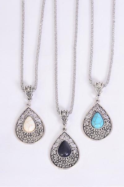 Necklace Silver Chain Metal Antique Teardrop Semiprecious Stone / 12 pcs = Dozen Pendant - 1.5" x 1" Wide , Chain-18" Extension Chain , 4 Ivory , 4 Black , 4 Turquoise Asst , Hang Tag & OPP Bag & UPC Code