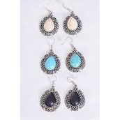 Earrings Metal Antique Teardrop Semiprecious Stone/DZ **Fish Hook** Size-1.25&quot;x 1&quot; Wide,3 Black,3 Ivory,6 Turquoise Asst,Earring Card &amp; OPP Bag &amp; UPC Code -