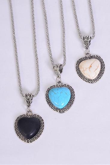 Necklace Silver Chain Metal Antique Heart Semiprecious Stone/DZ match 02932 Pendant-1.25" x 1" Wide,Chain-18" Extension Chain,4 Ivory,4 Black,4 Turquoise Asst,Hang Tag & OPP Bag & UPC Code