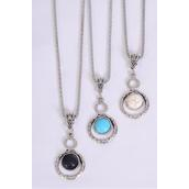 Necklace Silver Chain Metal Antique Round Dangle Semiprecious Stone/DZ match 02972 Pendant-1.5&quot; x 1&quot; Wide,Chain-18&quot; Extension Chain,4 Ivory,4 Black,4 Turquoise Asst,Hang Tag &amp; OPP Bag &amp; UPC Code
