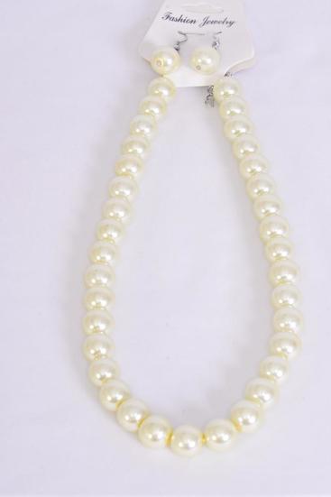 Necklace Sets 10 mm Glass Pearls Cream Cream / 12 pcs = Dozen Beige , Size-18" Extension Chain , Hang Tag & OPP Bag & UPC Code