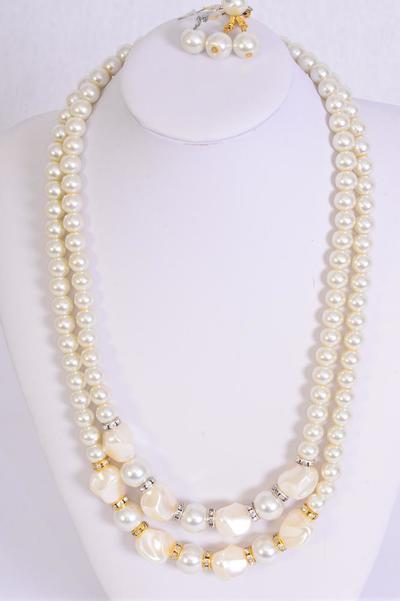 Necklace Sets Glass Pearls Center Mix Shape Pearls /  12 pcs = Dozen 20" Long Extension Chain , 6 White , 6 Beige Cream Asst , Hang Tag & Opp Bag & UPC Code