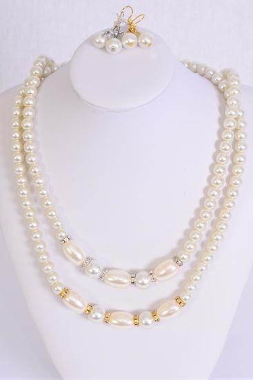 Necklace Sets Glass Pearls Center Oval Pearls /  12 pcs = Dozen 20" Long Extension Chain , 6 White , 6 Beige Cream Asst , Hang Tag & Opp Bag & UPC Code